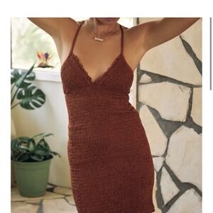 Anthropologie Burnt Orange Rouched Mini Dress